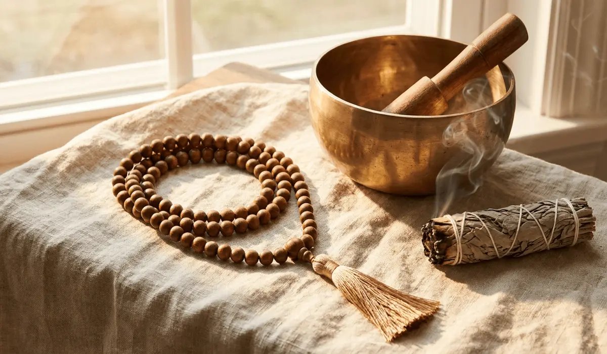 Restrung wooden mala beads resting beside a Tibetan singing bowl and sage smoke for cleansing.