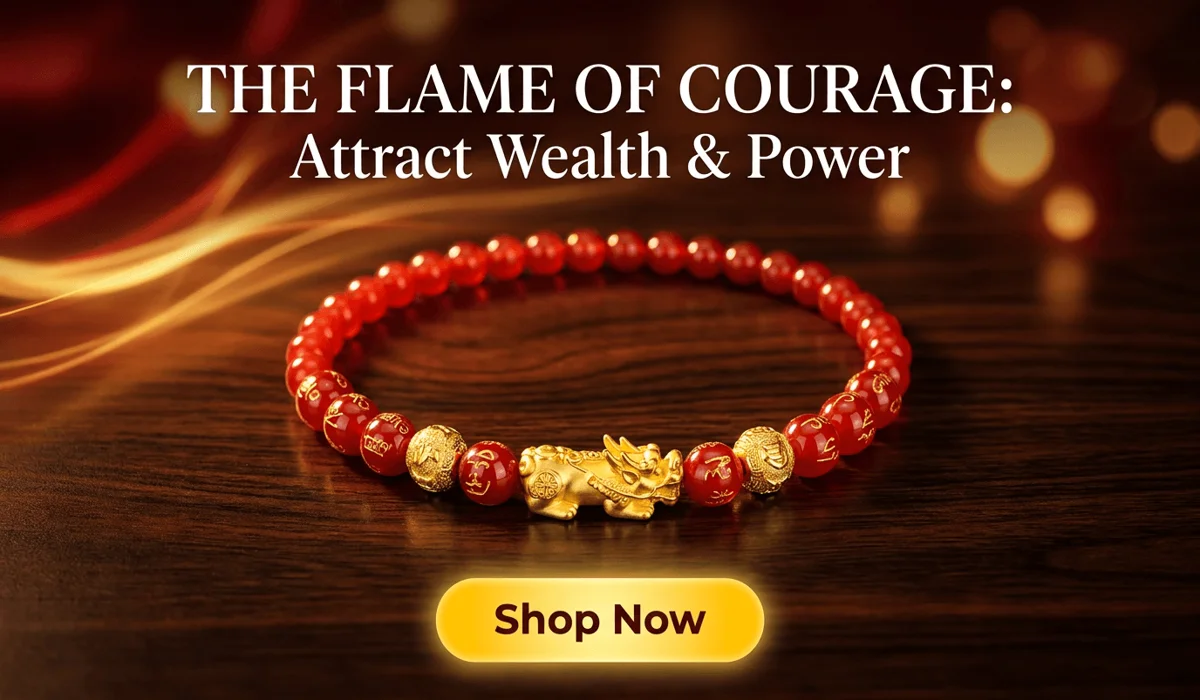Red Agate Pixiu Fortune Necklace 'The Flame of Courage' displayed on a luxurious dark background with a bright 'Shop Now' call-to-action button for e-commerce blog.