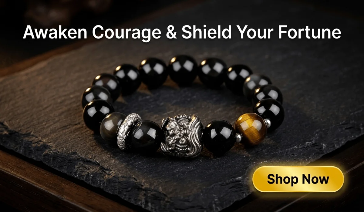 Courage-Awakening Lion Black Obsidian and Tiger's Eye Bracelet featured in a high-end blog banner with a Shop Now button.