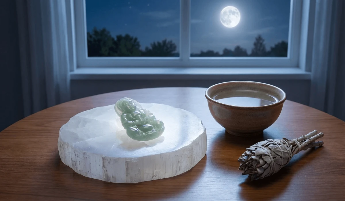 A jade Buddha pendant being cleansed and charged on a selenite plate under moonlight with natural elements.