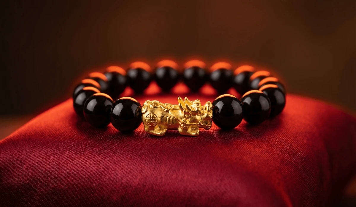 Gold Pixiu charm and black obsidian bead bracelet, a spiritual grounding and wealth attraction charm.