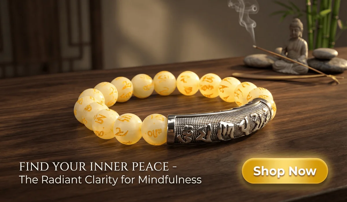 Fluorite Harmony Mantra Bracelet with Tibetan engravings and yellow beads on a Zen wooden background - Spiritual wellness jewelry