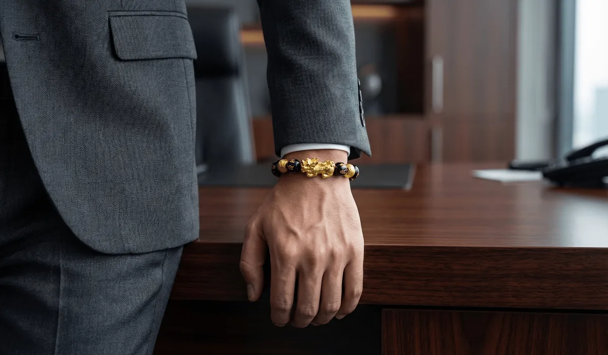 A professional man wearing a Feng Shui black obsidian Pixiu bracelet on his left receptive hand to attract wealth and prosperity.