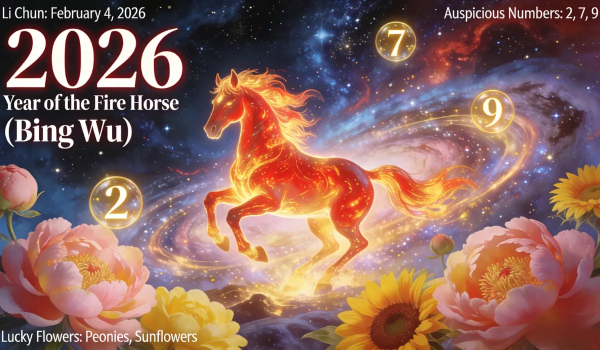 ibrant 2026 Year of the Fire Horse (Bing Wu) illustration with a fiery cosmic horse, auspicious numbers 2, 7, 9, peonies, sunflowers, and Li Chun date February 4, 2026.