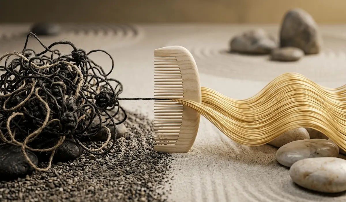 Conceptual art of a comb transforming tangled knots into smooth strands, symbolizing the journey from mental chaos to spiritual clarity.