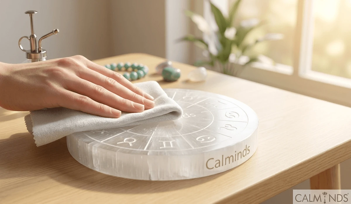 A person using a dry cloth to clean a white selenite charging plate, highlighting proper gemstone care.