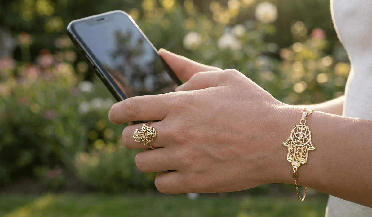 Modern gold Hamsa jewelry worn by a woman as a symbol of mindfulness and protection against digital burnout in a natural setting.
