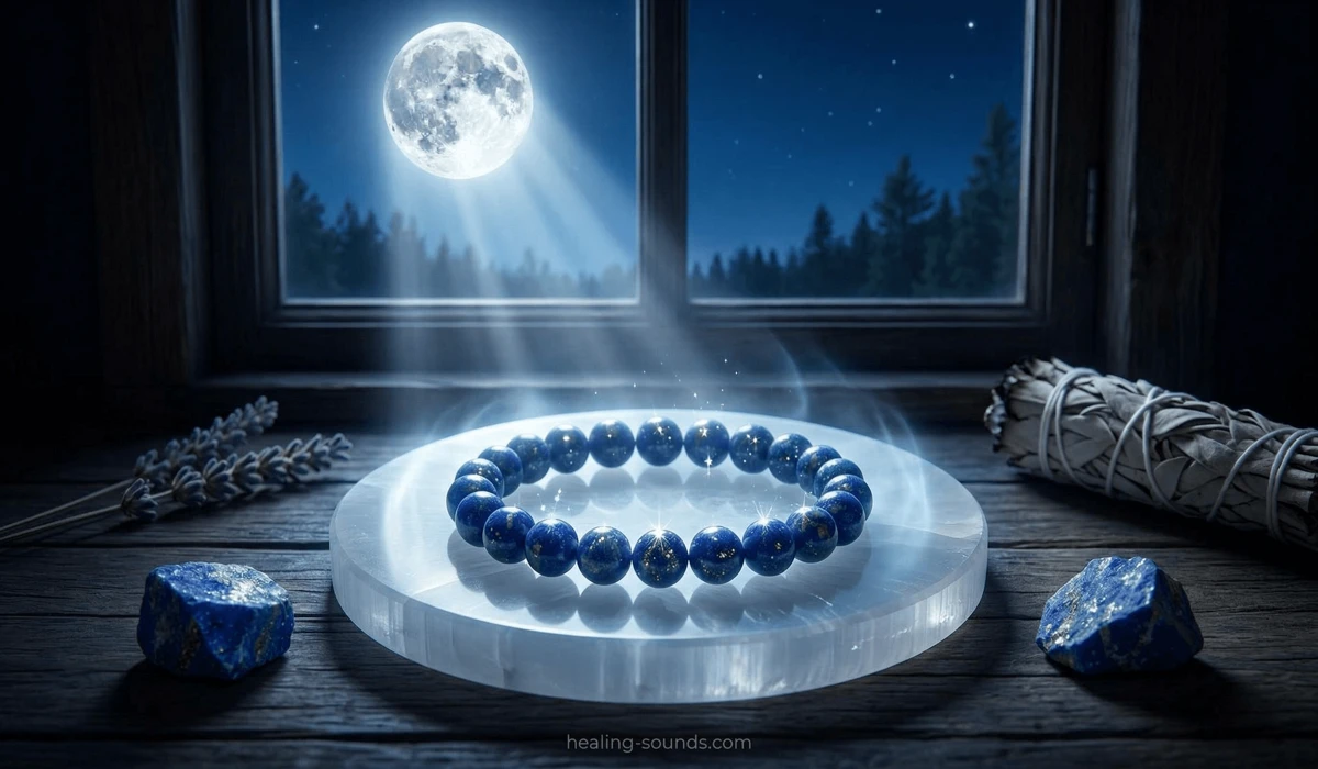 Cleansing a Lapis Lazuli bracelet under full moonlight on a Selenite charging plate to refresh its spiritual energy and wisdom.