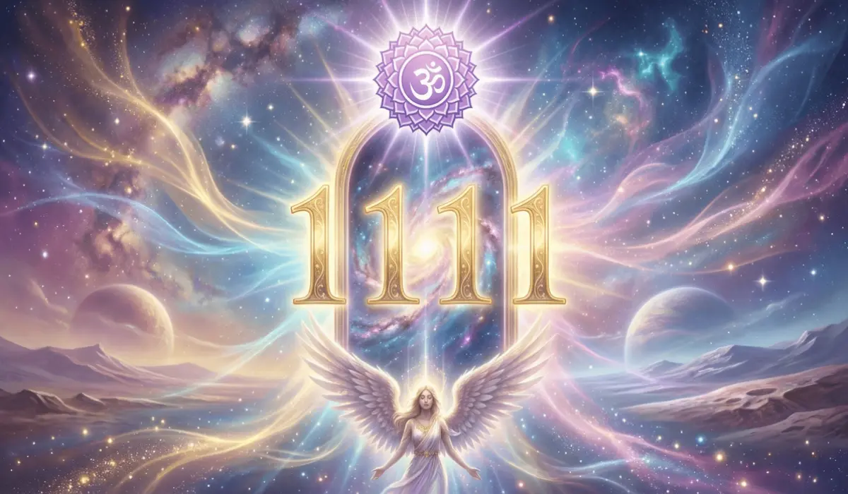  1111 Angel Number spiritual awakening illustration, featuring a glowing angel, crown chakra symbol (Om), and cosmic energy streams, representing divine guidance, manifestation, and alignment for a spiritual blog on angel numbers.
