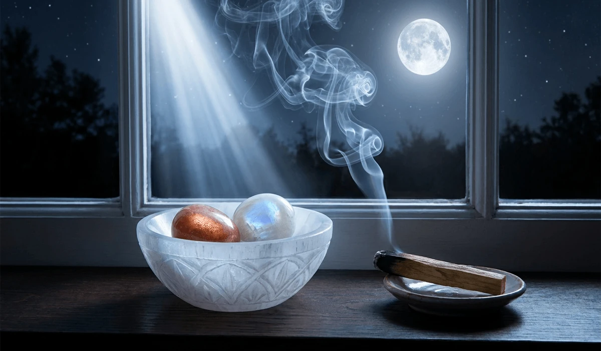 Sunstone and moonstone crystals placed on a selenite charging plate on a windowsill bathed in full moonlight next to palo santo smoke.