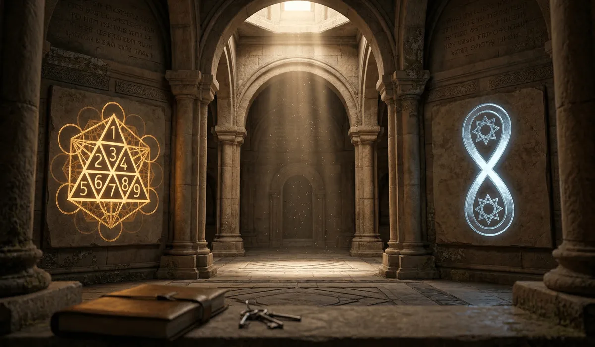 Ancient sacred geometry symbols representing the Pythagorean Tetrad for 444 and the Gnostic Ogdoad for 888 in a mystical temple setting.