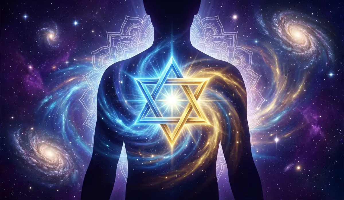 Digital illustration of the Star of David representing the balance between heaven and earth and the alignment of the Heart Chakra.