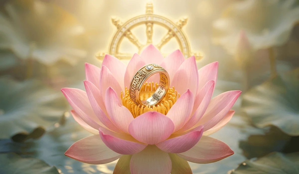 A mantra ring nestled in a lotus flower with a glowing Dharma wheel background, symbolizing spiritual wisdom and purity.