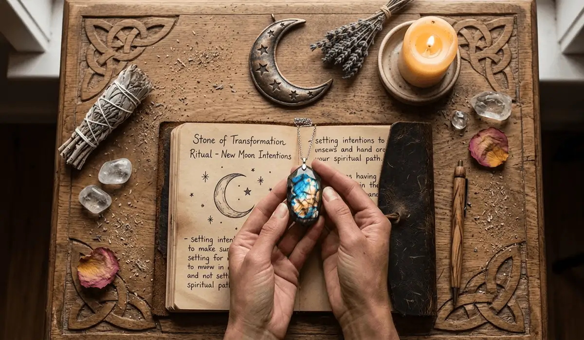 Labradorite necklace being used in a spiritual intention-setting ritual for personal transformation.