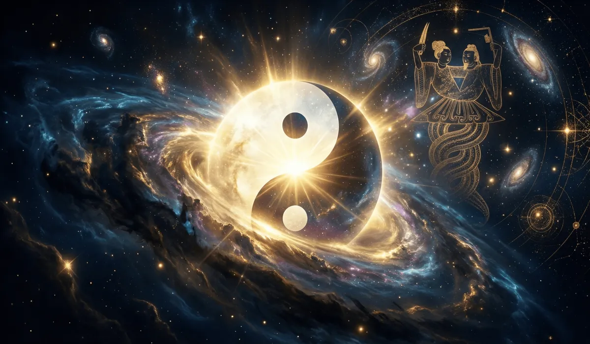 Ancient Chinese cosmology illustration showing the Taiji symbol emerging from the Wuji void with the divine creators Fuxi and N&uuml;wa.