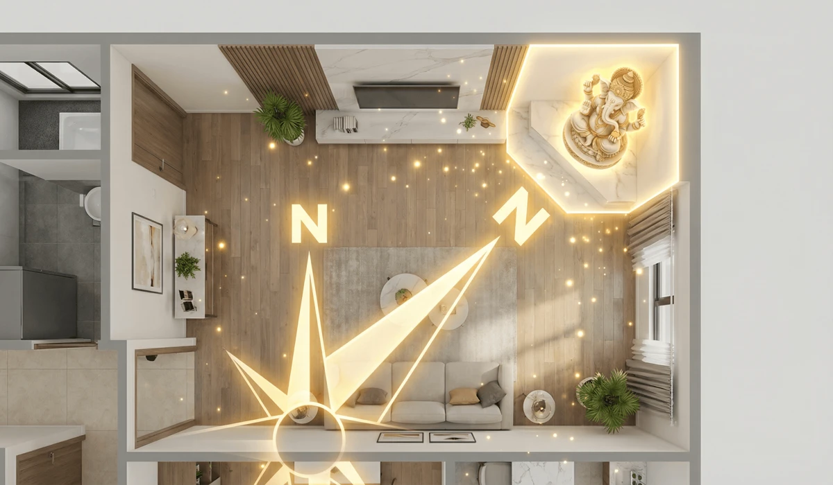 Floor plan diagram showing the correct Vastu placement of a Ganesha statue in the Northeast corner of a home.