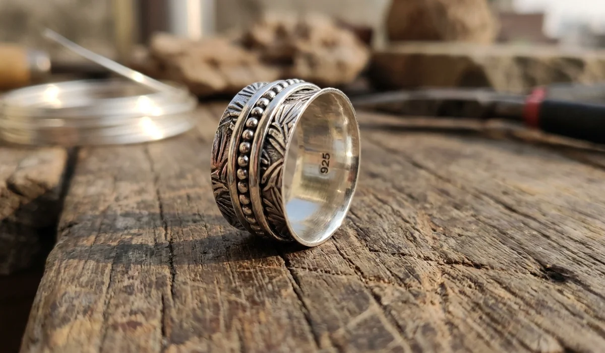 A close-up shot of a 925 sterling silver artisan meditation spinner ring showing the intricate rotating band design.