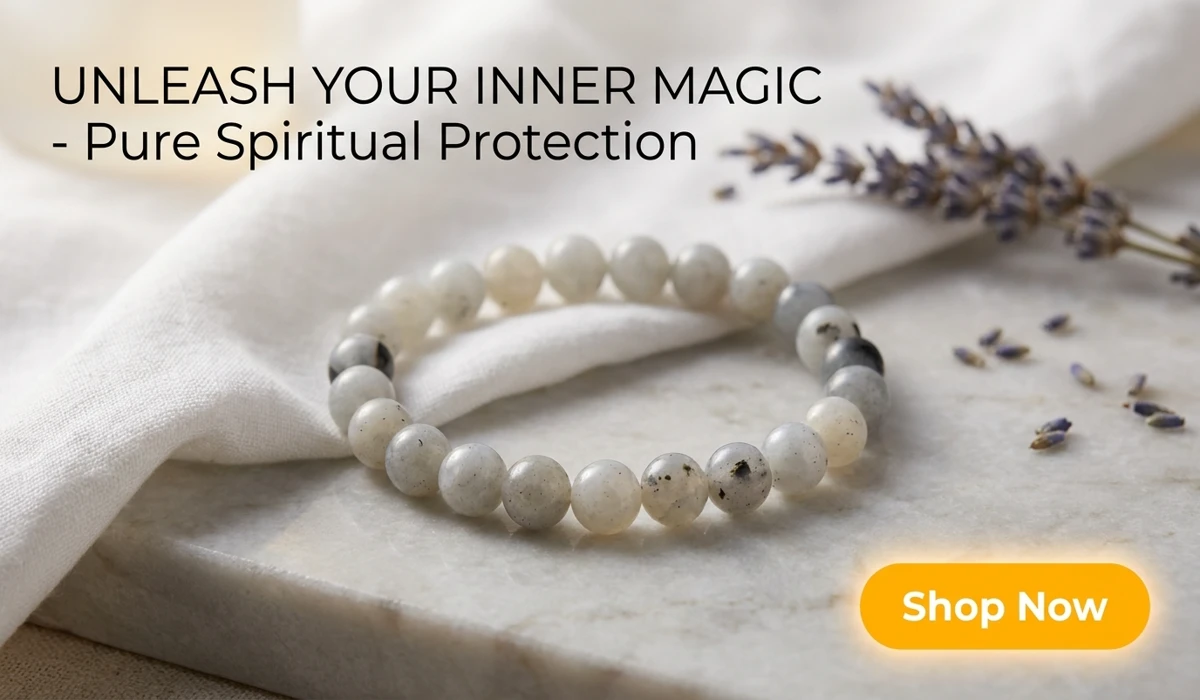 Natural Labradorite Beads Bracelet titled Guardian of Inner Magic, high-end spiritual jewelry blog illustration with Shop Now button and ethereal background