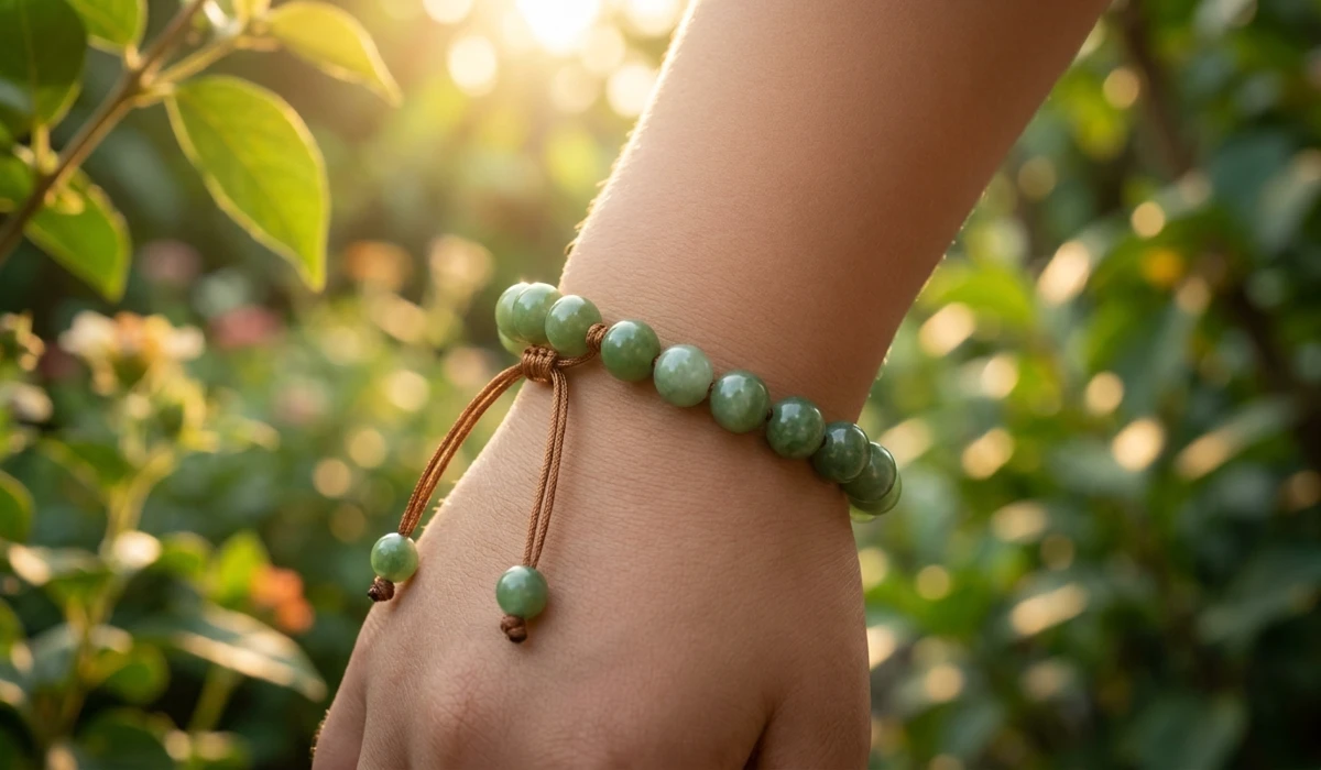 A young boy wearing a protective green jade Feng Shui bracelet on his wrist in a natural setting.