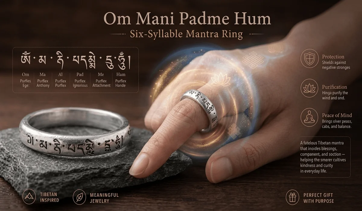 Macro photo of an engraved silver Tibetan mantra ring emitting a soft protective aura on a hand.