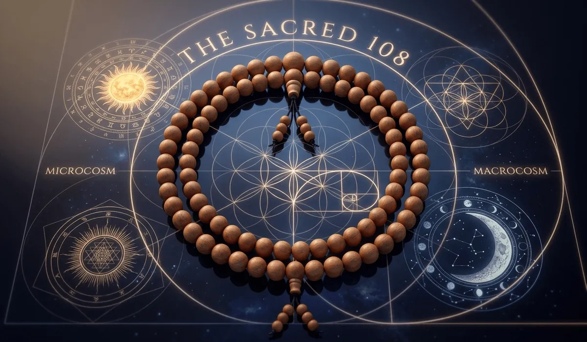 108 sandalwood mala beads arranged in a circle with sacred geometry and cosmic symbols representing the universe.