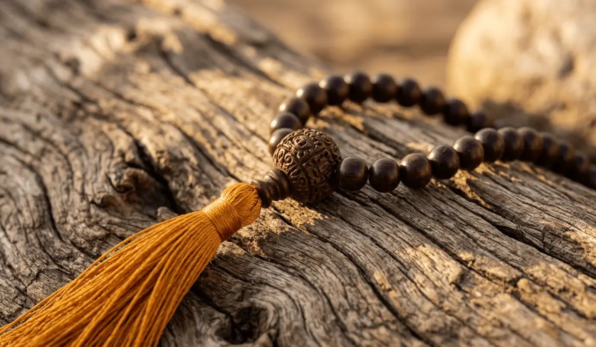 Close-up of 108 sandalwood mala beads showing the guru bead and tassel on a natural wood surface.