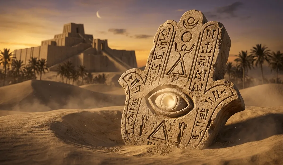Ancient stone Hamsa Hand relic in a Mesopotamian desert setting representing the historical origins of the divine shield.