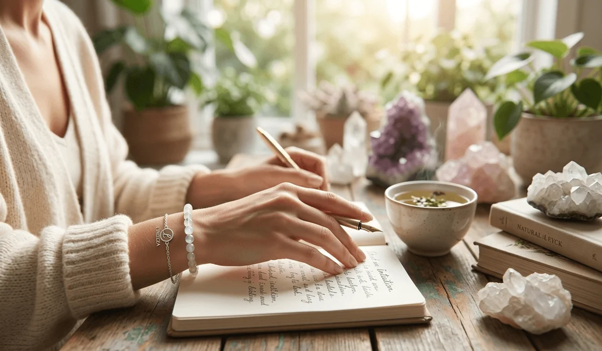 A woman wearing a moonstone bracelet on her left hand during a mindfulness practice for emotional balance.