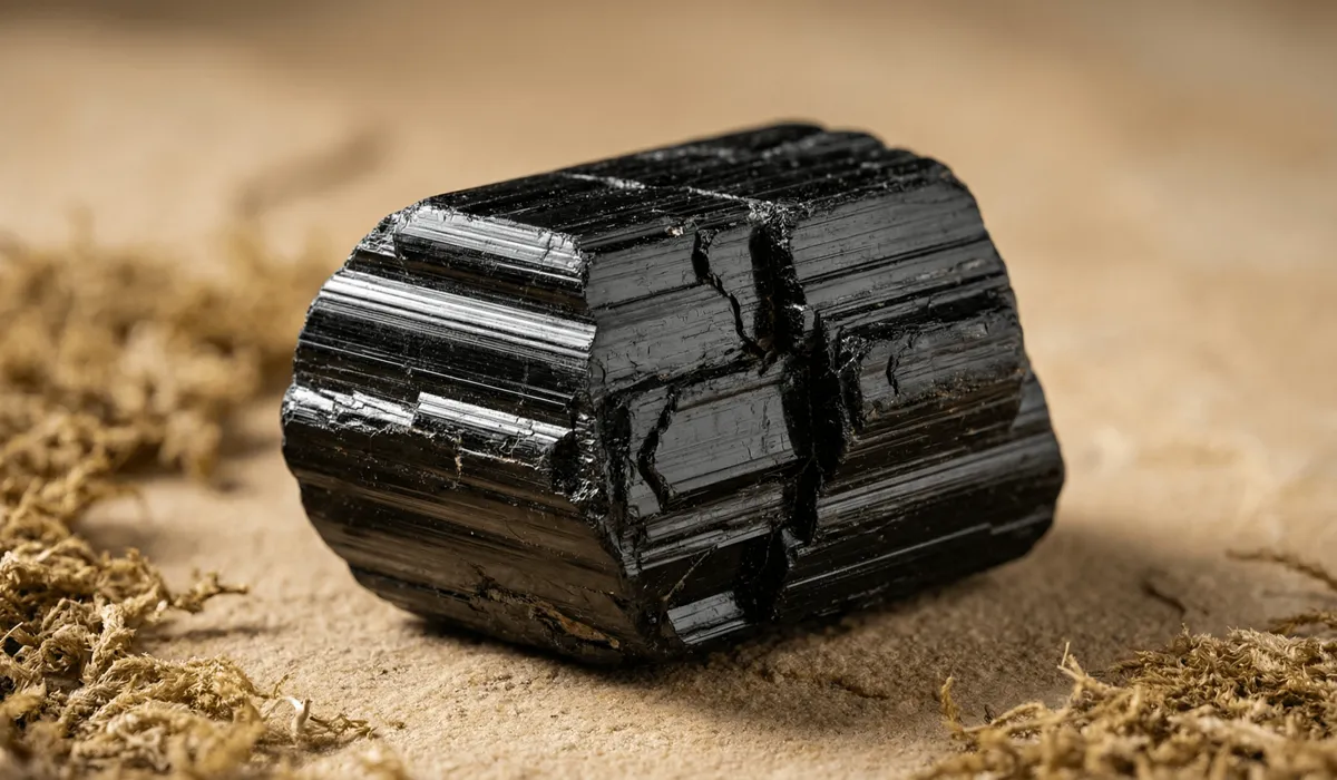 Close-up of a raw Black Tourmaline crystal showing natural vertical striations and jet-black texture for mineral grounding.