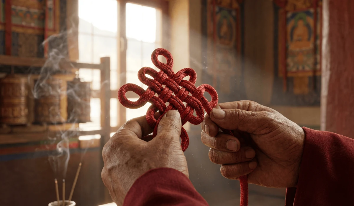 A close-up of a Tibetan monk's hands performing the meditative weaving process of a traditional red hand-knotted Buddhist bracelet.