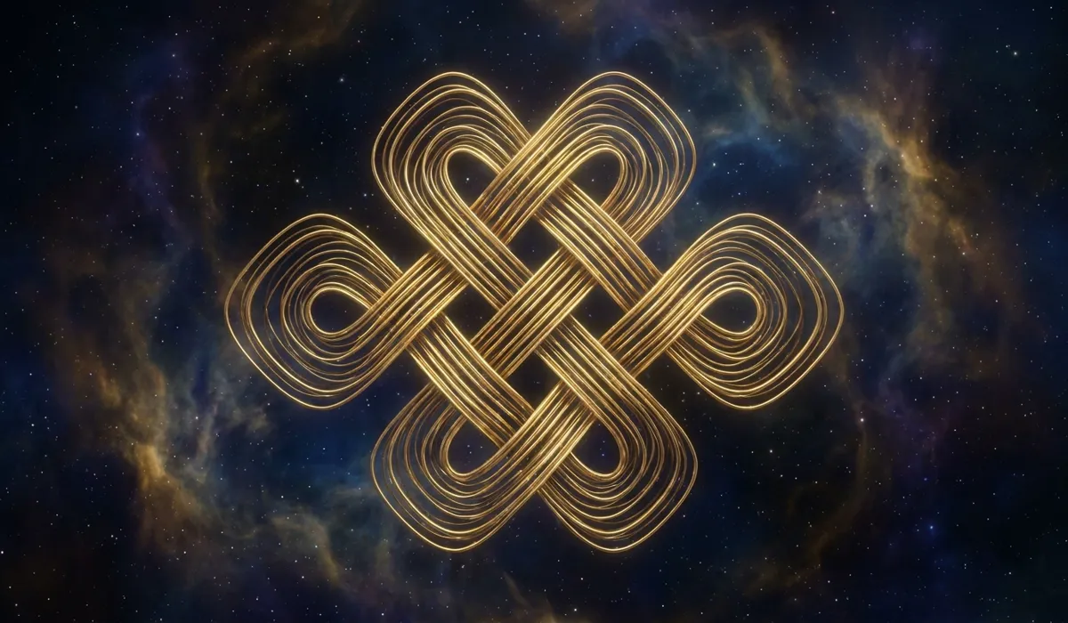 3D cosmic visualization of the Tibetan Endless Knot symbol representing the philosophy of interdependent origination and the infinite web of karma.