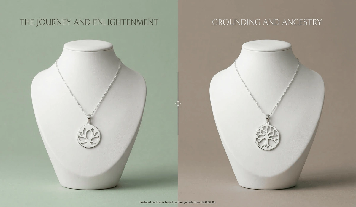 Visual comparison between a Lotus necklace for enlightenment and a Tree of Life necklace for grounding.