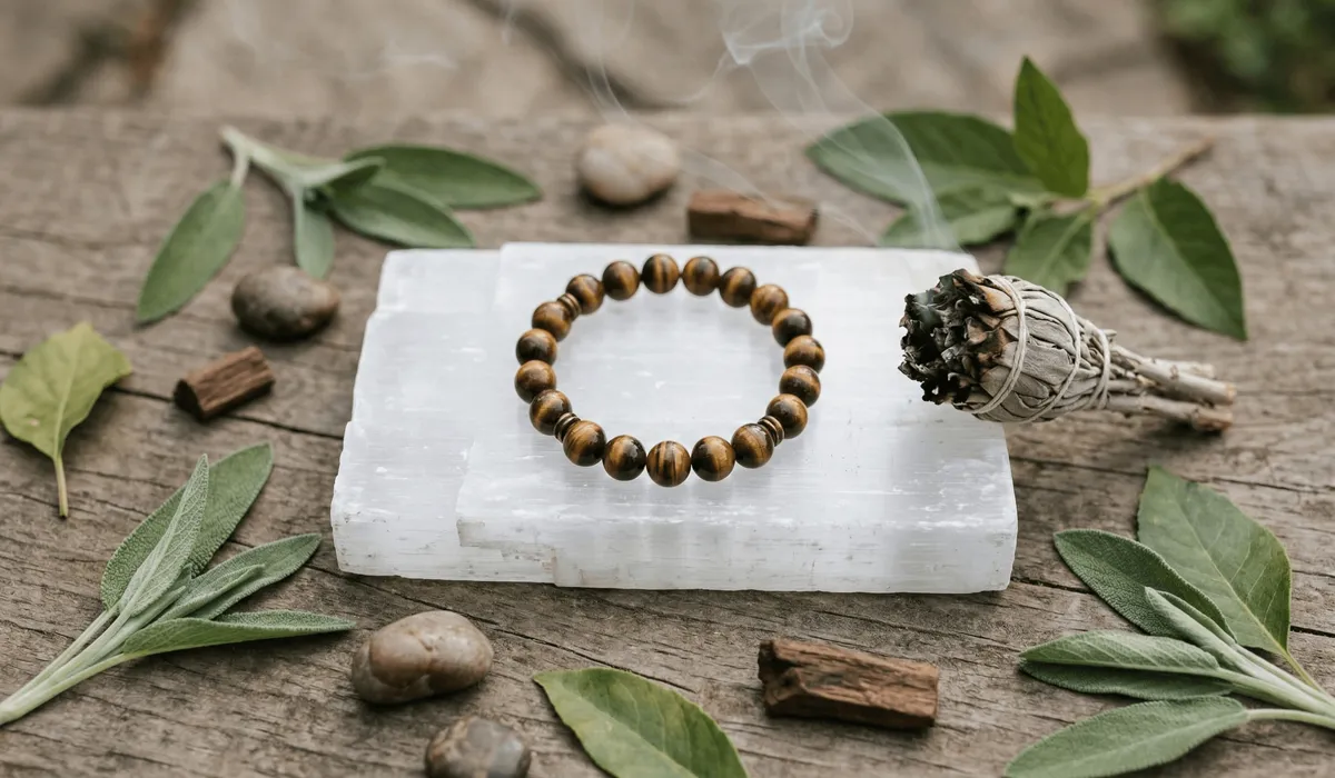 Tiger&rsquo;s Eye bracelet being cleansed with sage smoke and charged on a Selenite crystal plate.