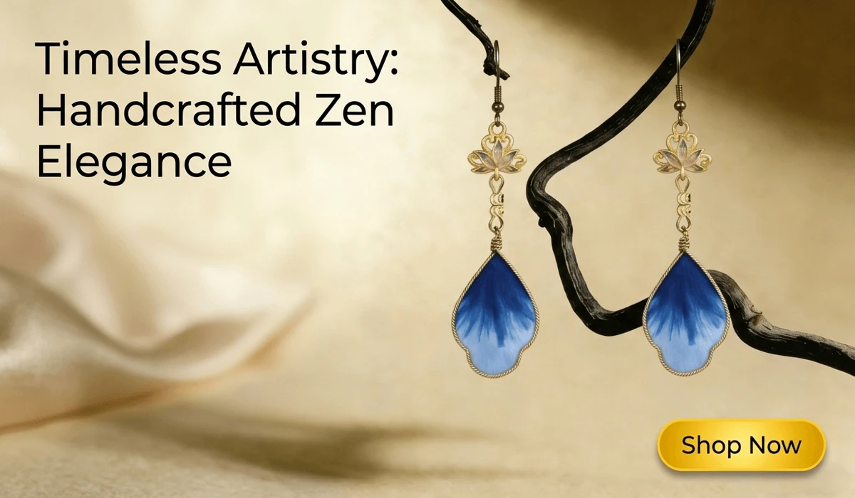 High-end Zen-style blog illustration featuring handcrafted blue Ronghua silk lotus earrings with a Shop Now button and elegant typography.