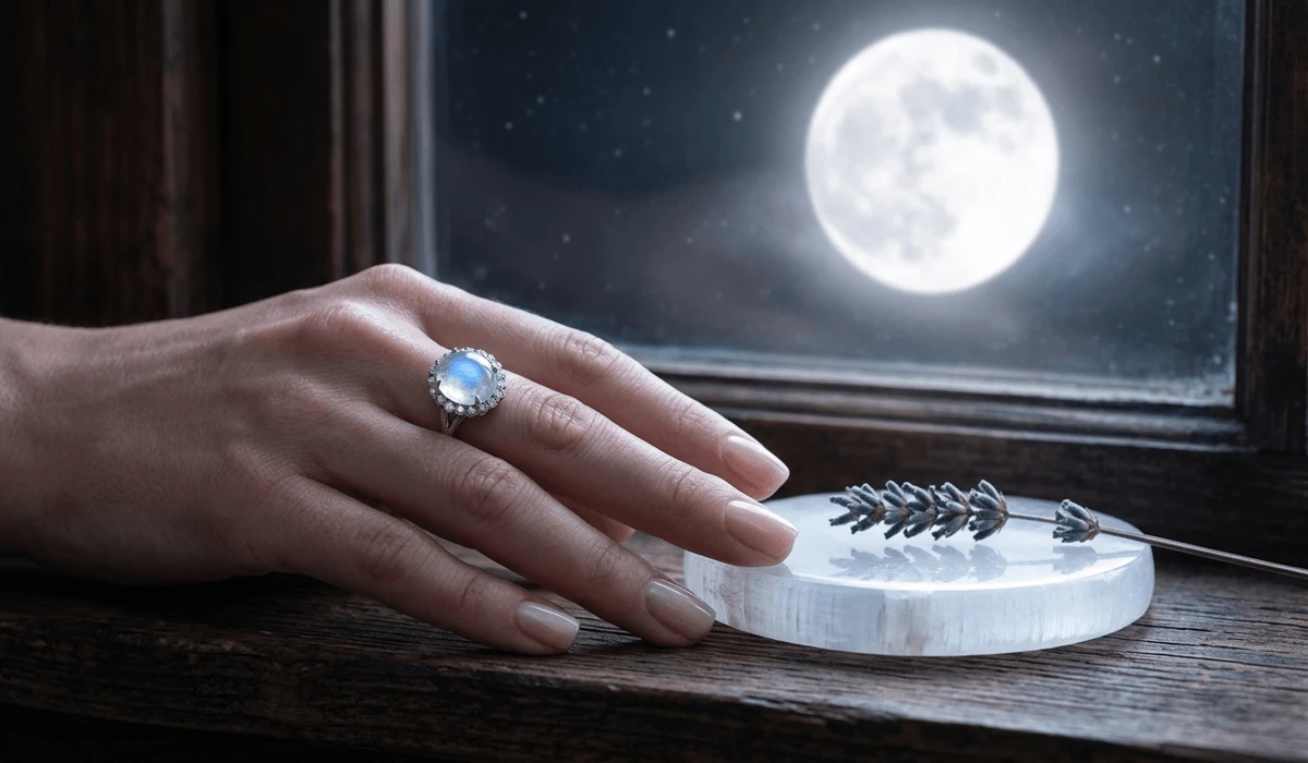 A moonstone ring on a woman's hand being charged by moonlight on a windowsill next to a selenite plate, demonstrating ritual care and intention setting.