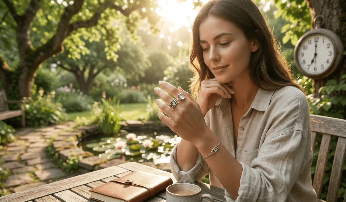 A woman practicing mindfulness and personal growth while wearing a 333 angel number ring.