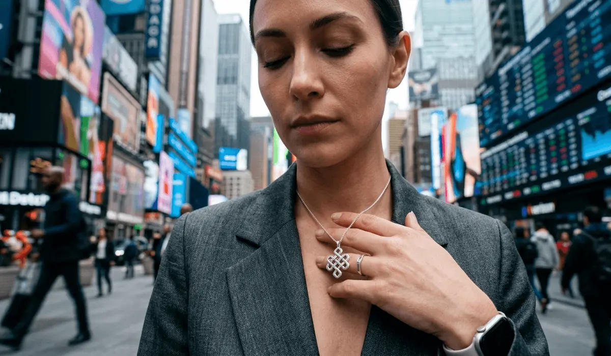 A person wearing an Endless Knot pendant as a mindfulness anchor for grounding and spiritual shielding in the digital age.