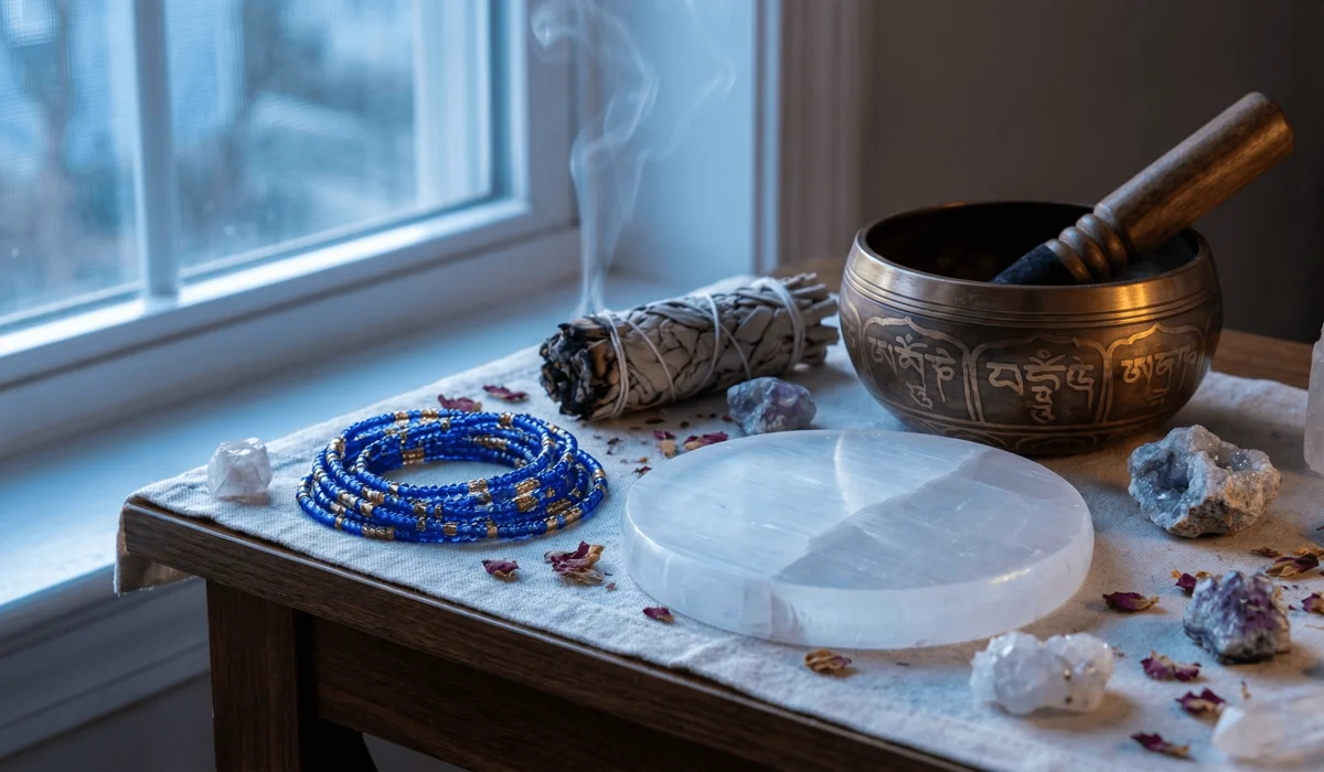 Spiritual cleansing ritual for waist beads featuring sage, selenite, and moonlight to recharge energetic intentions.