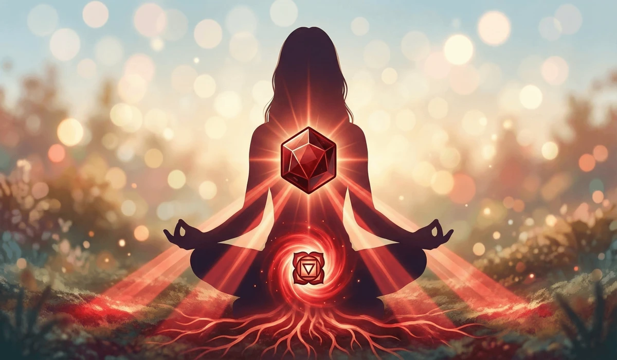 Digital art depicting the spiritual connection between a garnet gemstone and the root chakra for grounding and stability.