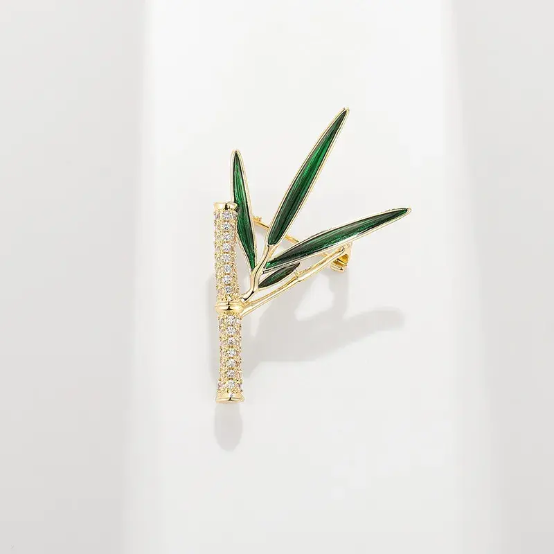 14K Gold Zircon Bamboo Brooch for Timeless Elegance & Oriental Grace