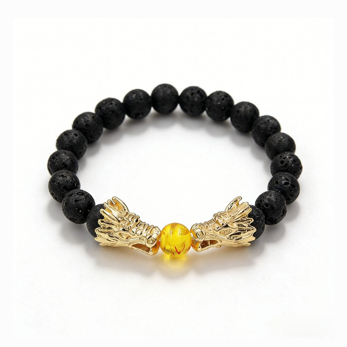 Power-Attracting Double Dragon Head Lava Stone Amber Bracelet - The Beacon of Authority and Prosperity