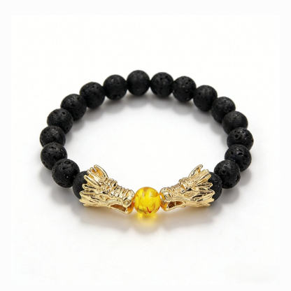Power-Attracting Double Dragon Head Lava Stone Amber Bracelet - The Beacon of Authority and Prosperity