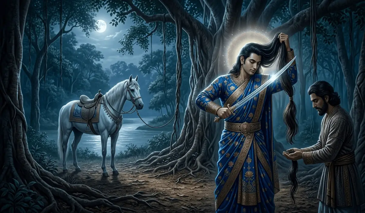 Prince Siddhartha Gautama cutting his long hair with a sword to symbolize spiritual renunciation and the shedding of the ego.