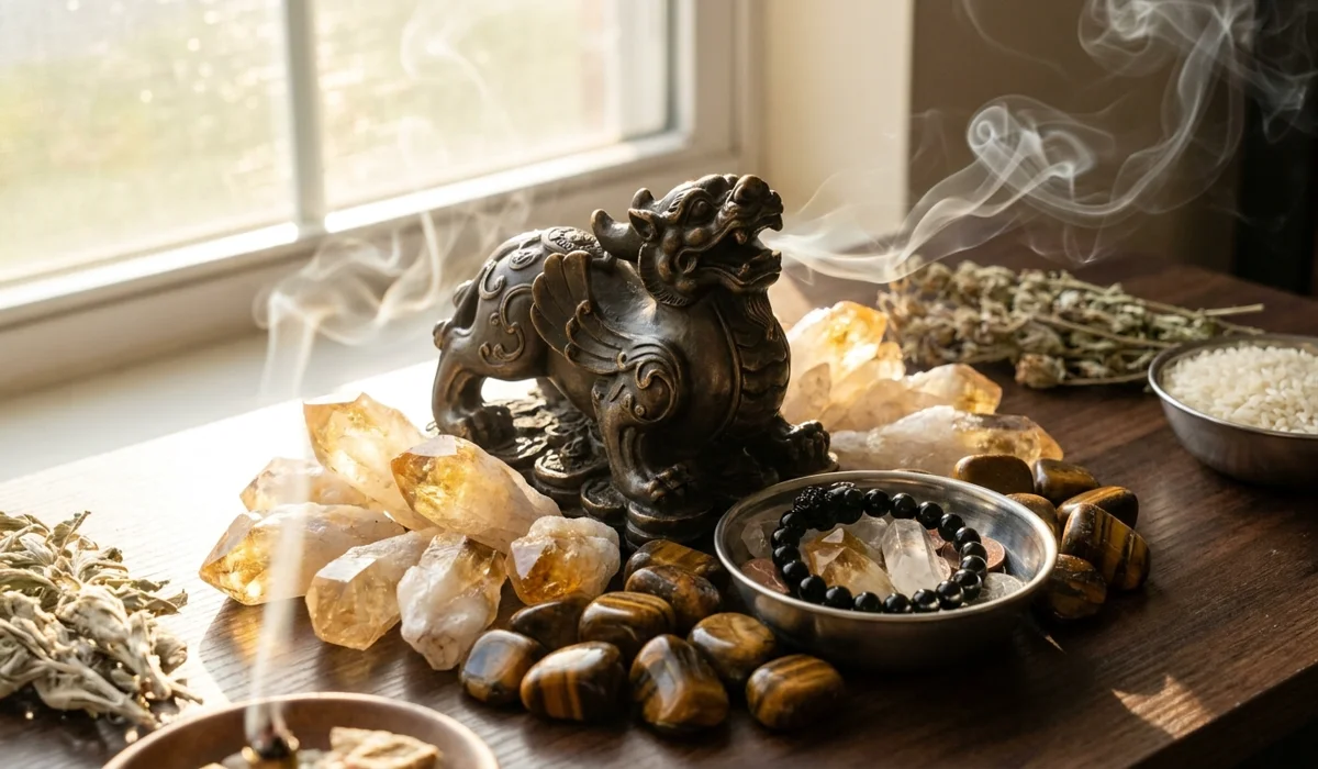 A spiritual ritual setup with a Pixiu statue, citrine crystals, and incense for activating wealth and abundance energy.