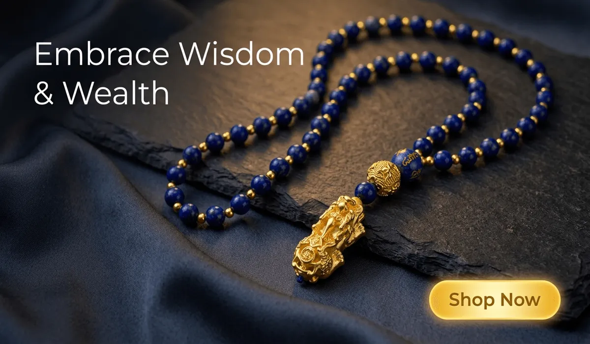 Lapis Lazuli Pixiu Pendant Necklace for Wealth and Wisdom - Luxury jewelry blog illustration with Shop Now button