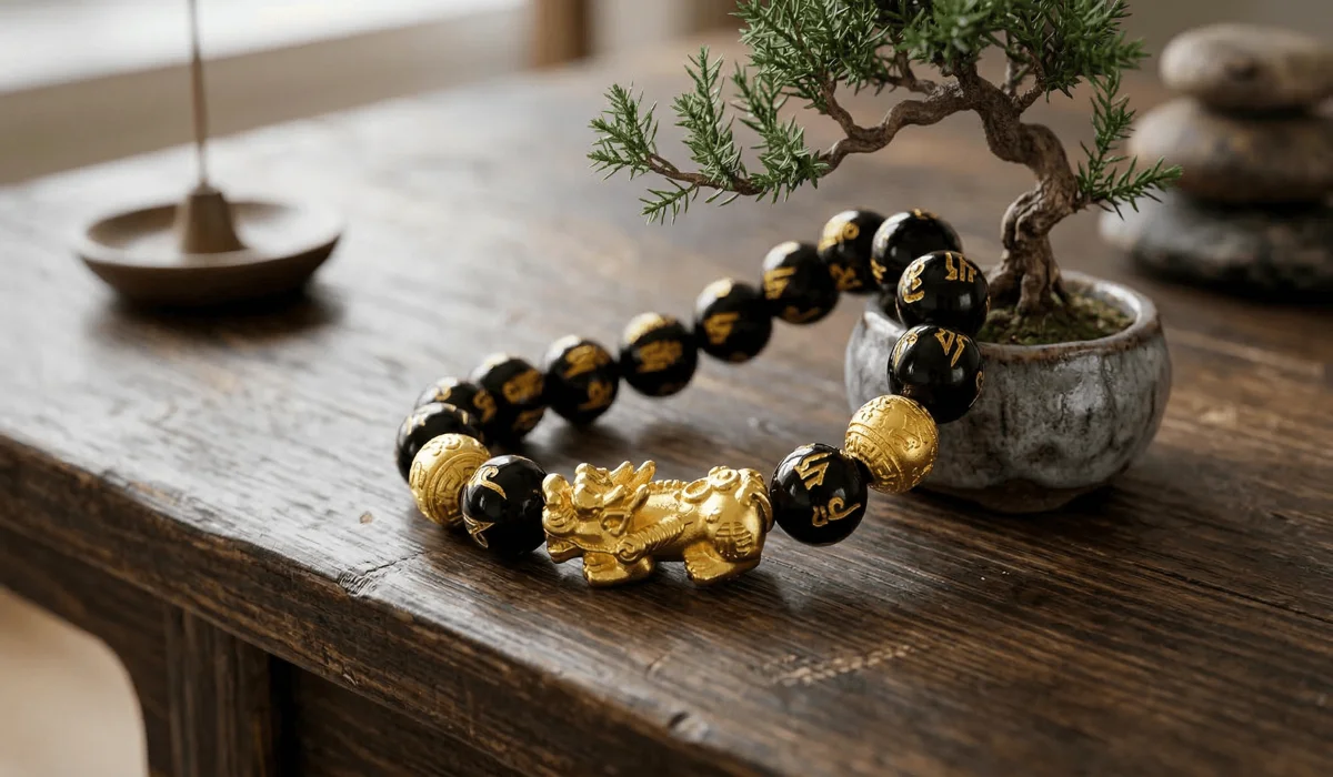 Close-up of a black obsidian Feng Shui bracelet with a golden Pixiu symbol representing wealth and protection.