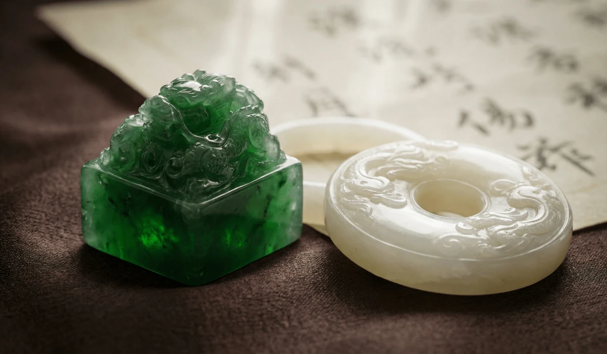 A close-up of green Jadeite and white Nephrite stones showing their unique luster and spiritual significance in Eastern culture.