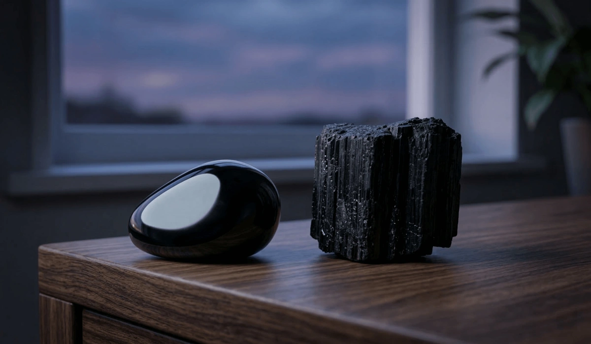 Visual comparison between the reflective surface of Black Obsidian and the matte texture of Black Tourmaline stones.