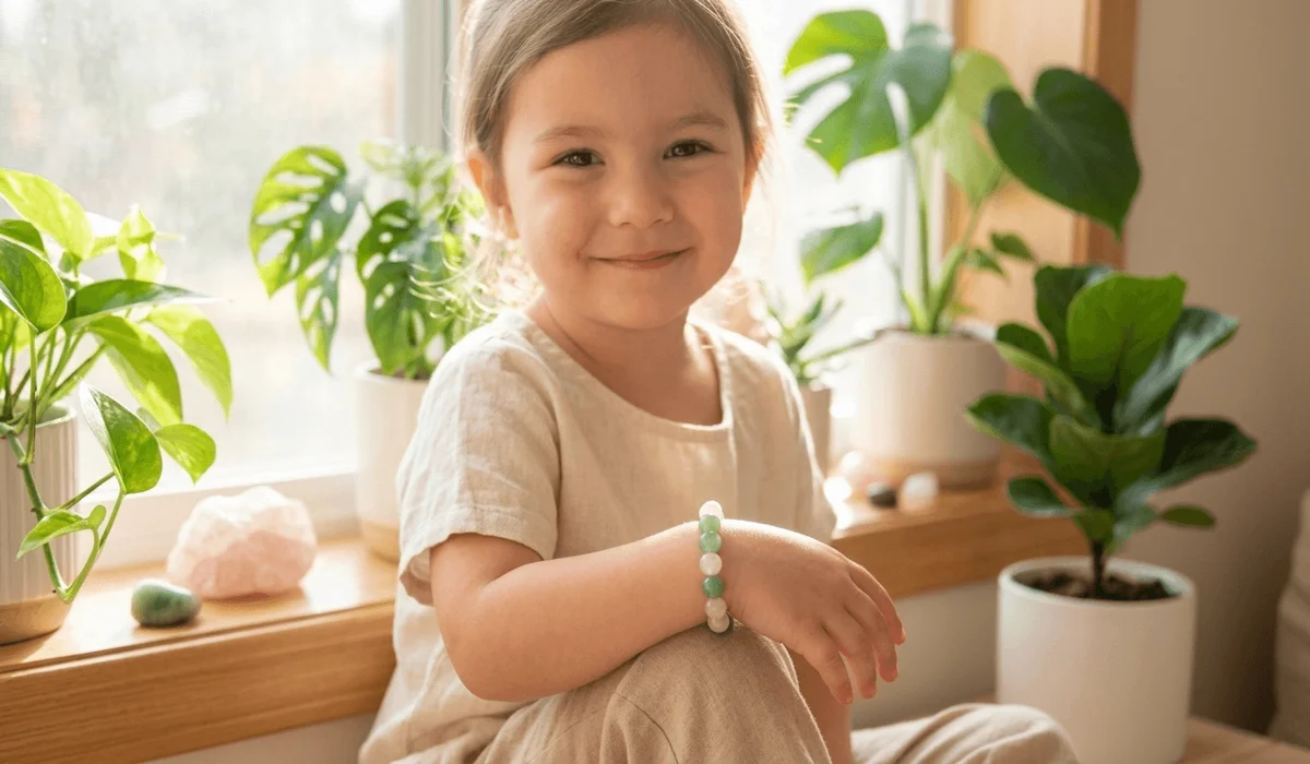 A happy child wearing a protective Feng Shui Jade and Rose Quartz gemstone bracelet in a warm, sunlit room.