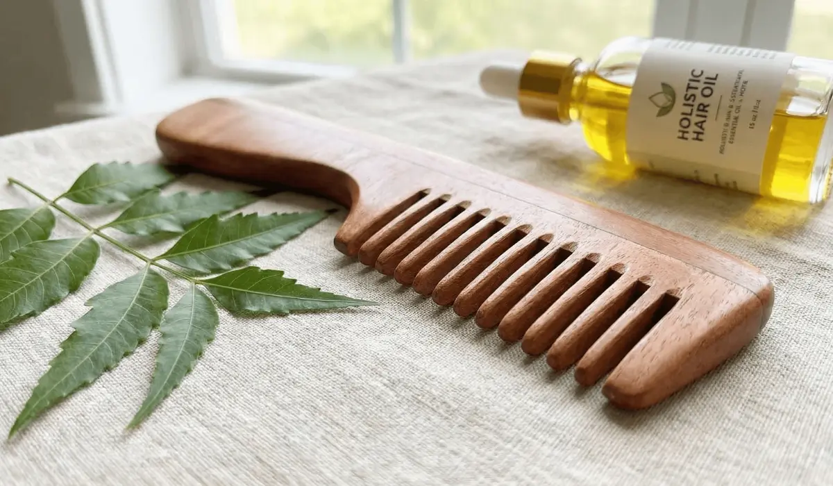 Close-up of a wide tooth sandalwood wooden comb and neem leaves on a linen cloth, representing organic hair care tools for scalp health.
